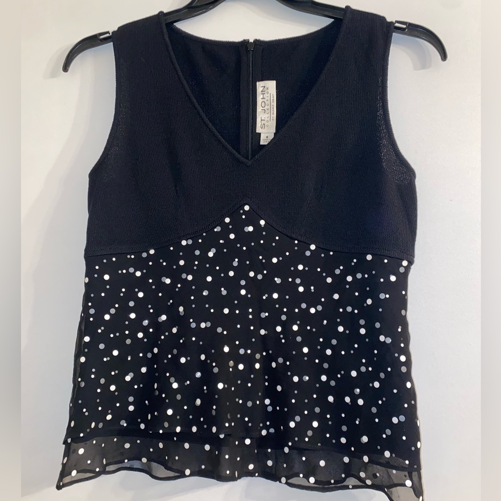 St. John Top by Marie Gray 4 Black Knit Shell White Sheer Paillette Dot Layers